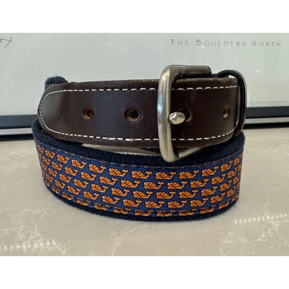 VINEYARD VINES - Basketball Whale Leather Canvas Belt - Size 26